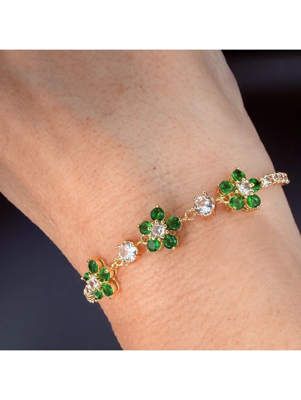 candy+clover green flower crystal tennis gold tone bracelet